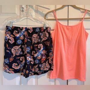 2 Pc Vibrant Coral 🪸 Tank & Black Paisley Shorts Set